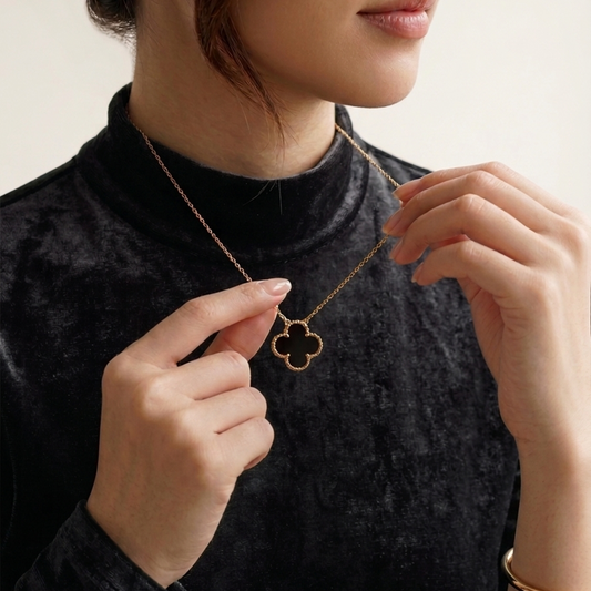 Classic Black & Golden Clover Pendant Necklace – Fashion Jewellery for Women