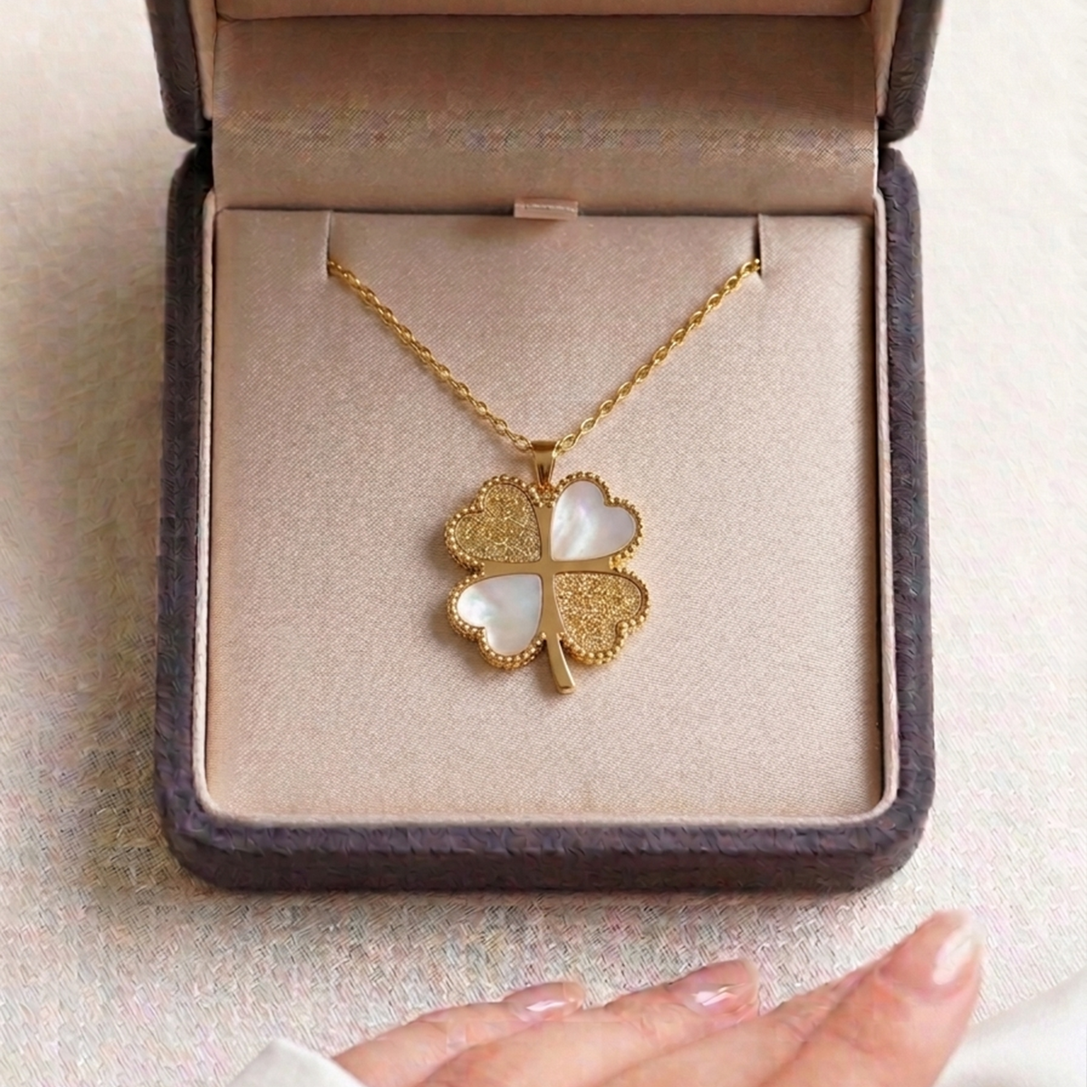 Van Cleef Inspired Gold Four-Leaf Clover Pendant Necklace for Women | Premium Mother of Pearl & Textured Lucky Clover Chain Locket