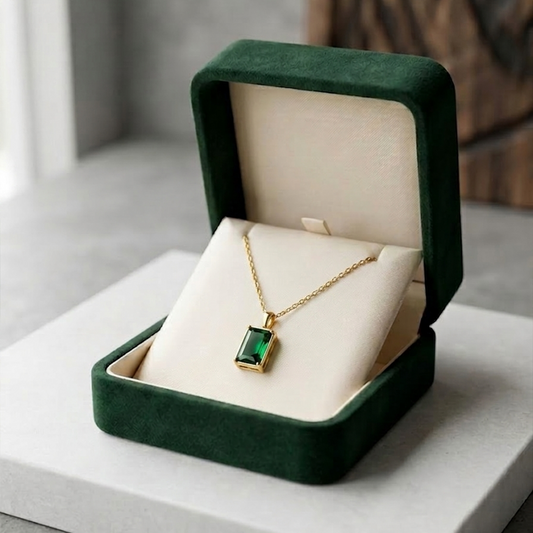 Royal Emerald Cut Green Gemstone Pendant Necklace | Rectangular Golden Locket for Women & Girls