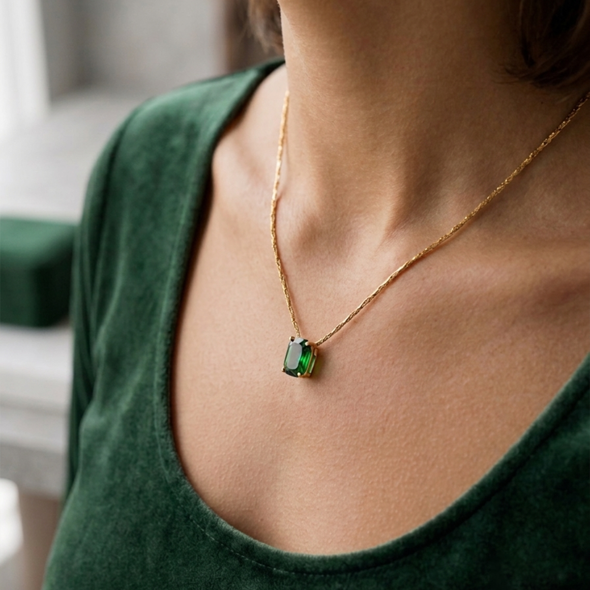 Royal Emerald Cut Green Gemstone Pendant Necklace | Rectangular Golden Locket for Women & Girls