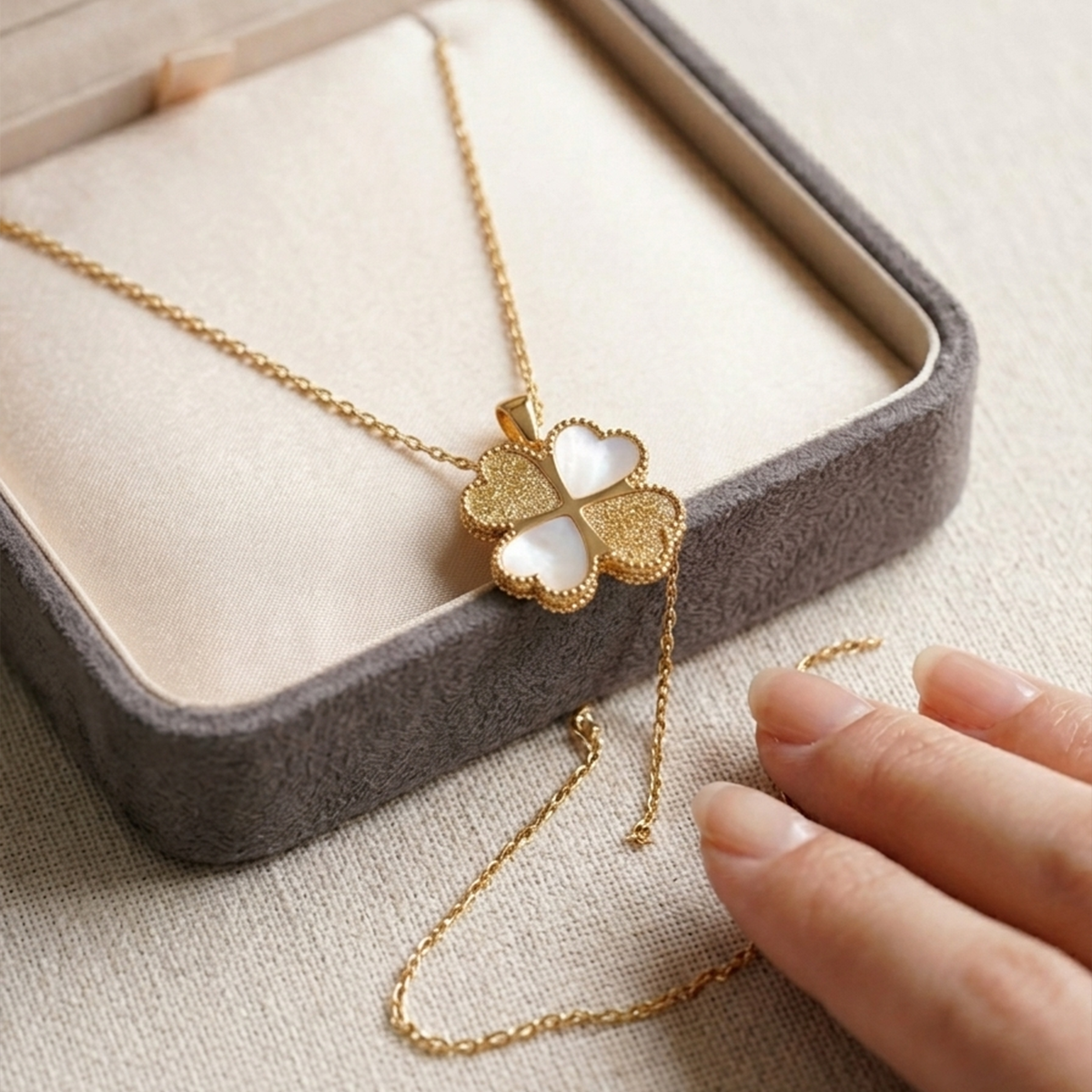 Van Cleef Inspired Gold Four-Leaf Clover Pendant Necklace for Women | Premium Mother of Pearl & Textured Lucky Clover Chain Locket