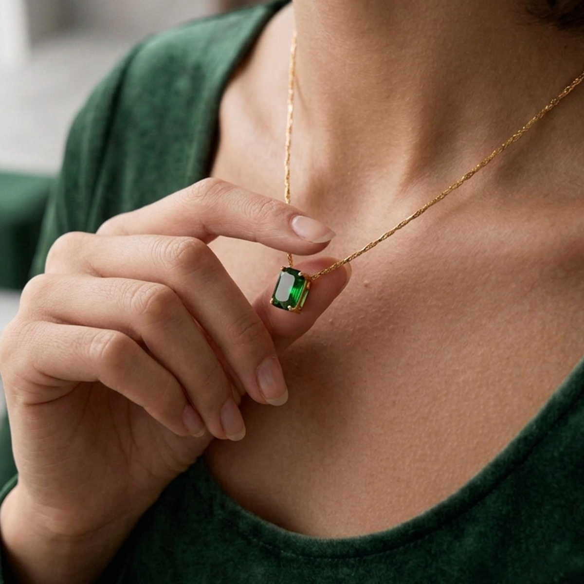 Royal Emerald Cut Green Gemstone Pendant Necklace | Rectangular Golden Locket for Women & Girls