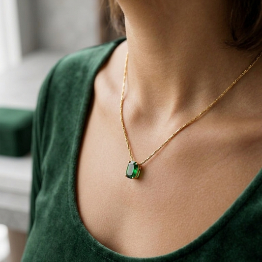 Royal Emerald Green Oval Gemstone Pendant Necklace | Golden Chain Locket for Women & Girls